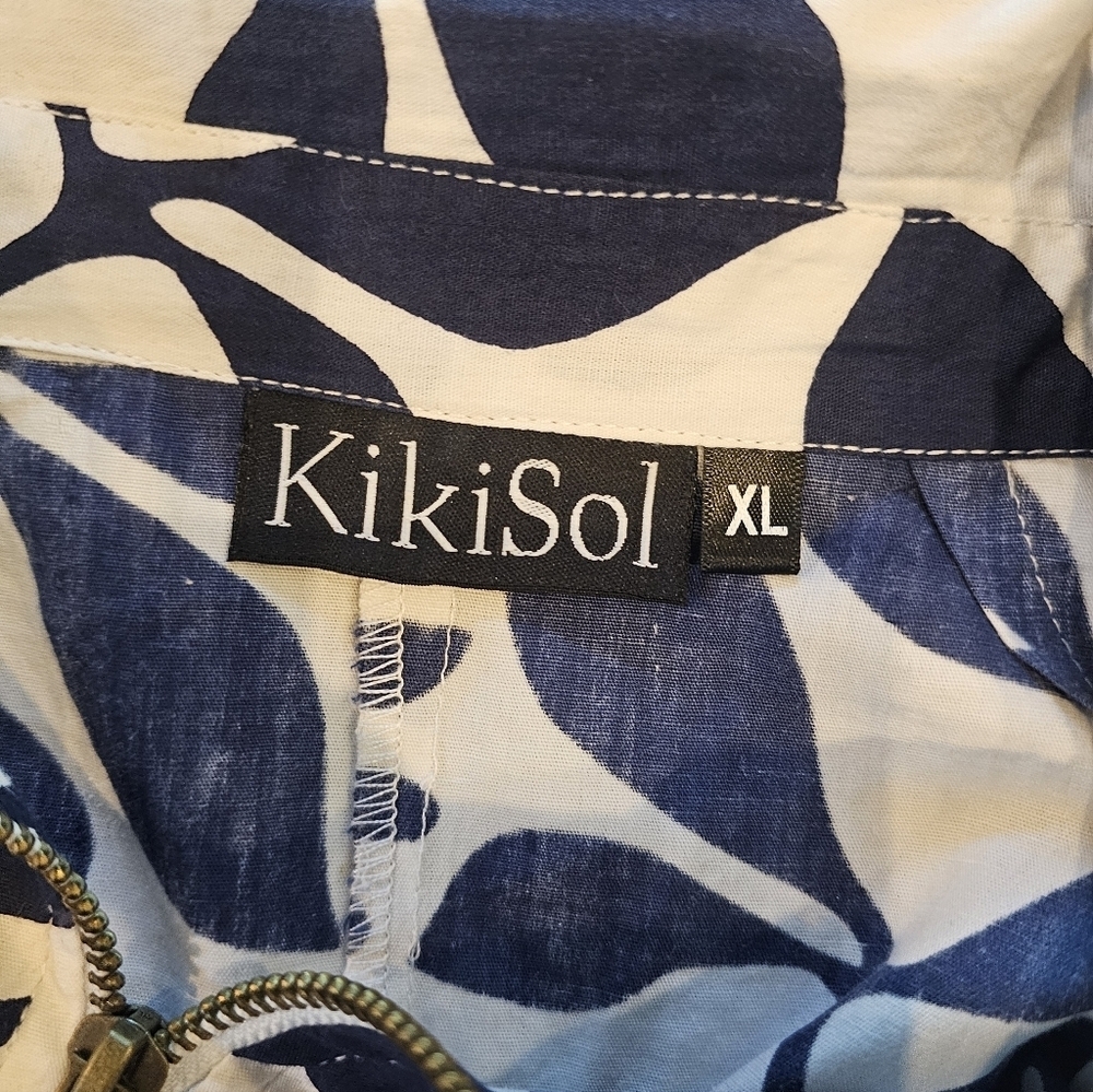 KikiSol Navy Leaf Print Cotton Zip Front Tunic Jacket Size XL Lightweight Boho R - Picture 6 of 12